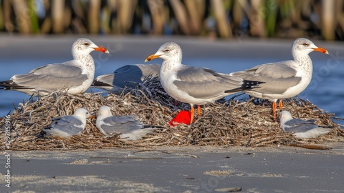 Coastal Birds Nesting at the Beach during Golden Hour photo