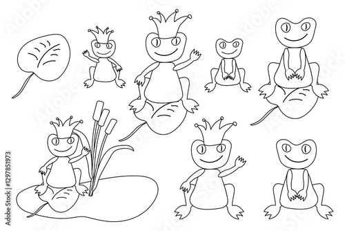 Black and white coloring page featuring cartoon frogs, some with crowns, sitting on lily pads and near cattails in a pond.