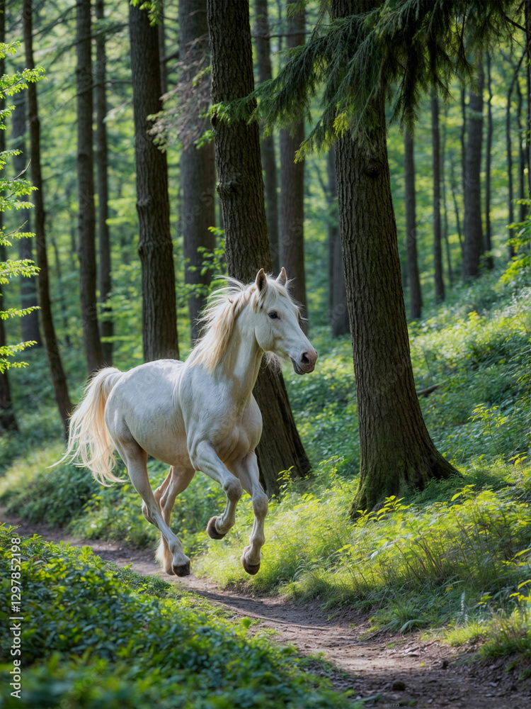 White horse gallops through lush forest during golden hour surrounded by trees and wildflowers White horse gallops through lush forest during golden hour surrounded by trees and wildflowers