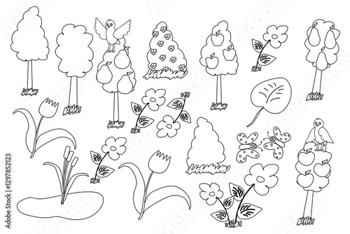Black and white line drawing of birds perched on apple and pear trees, with a birdhouse and clouds, perfect for coloring.