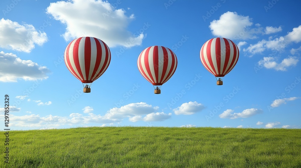Naklejka premium Whimsical hot air balloons floating above a vibrant green field against a clear blue sky idyllic travel adventure and freedom