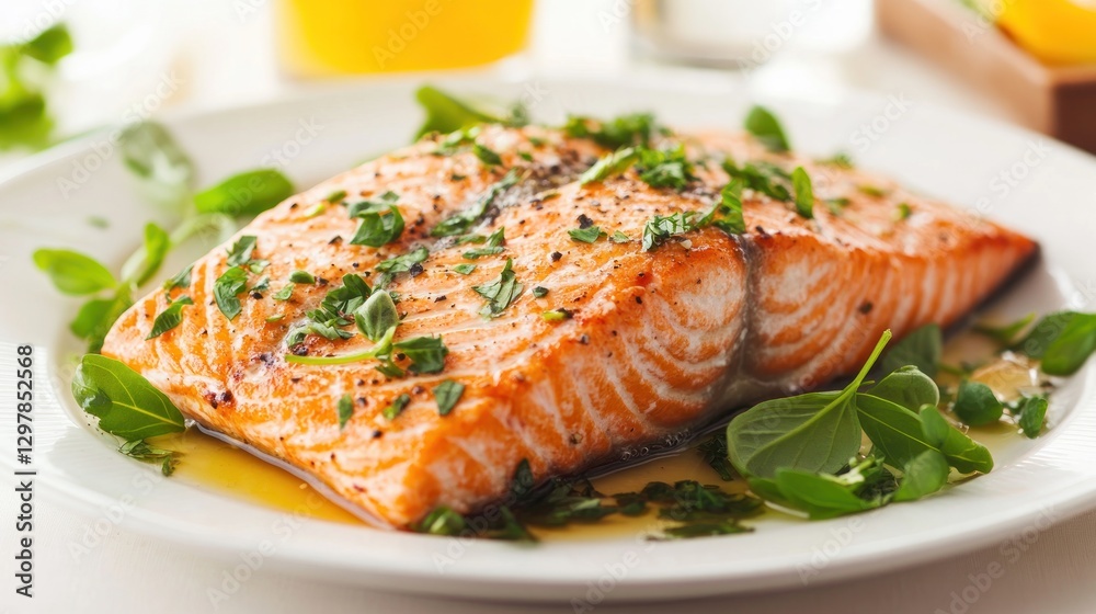 Perfectly prepared grilled salmon fillet served on a white plate Perfectly prepared grilled salmon fillet served on a white plate