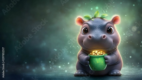 A cute, cartoon-style hippo holds a green pot filled with coins, surrounded by a mystical, glowing background, evoking a sense of whimsy and treasure.