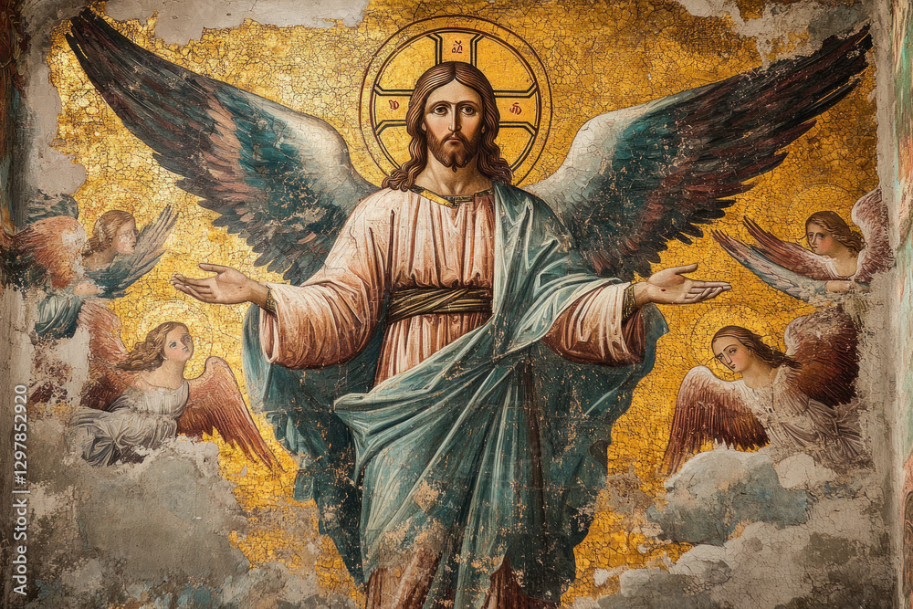 Naklejka premium Icon of the archangel with golden wings, holding a sword and shield, surrounded by clouds and rays of light.
