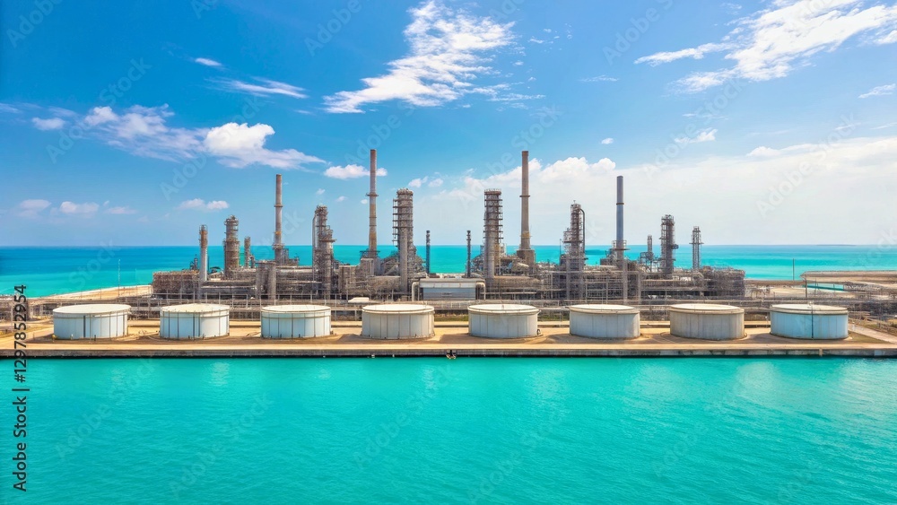 Naklejka premium Industrial Facility with Storage Tanks and Refineries Next to Turquoise Waters Under Blue Sky