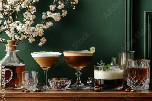 Table with glasses and a vase with drinks.