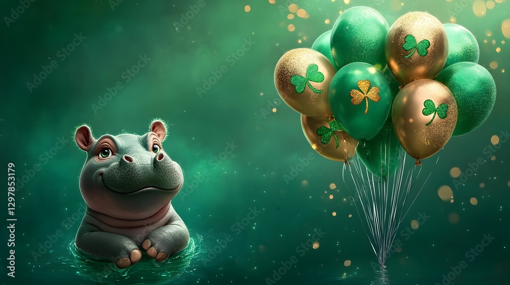Naklejka premium A playful hippo sits in water, gazing at festive green and gold balloons, creating a whimsical, celebratory atmosphere.