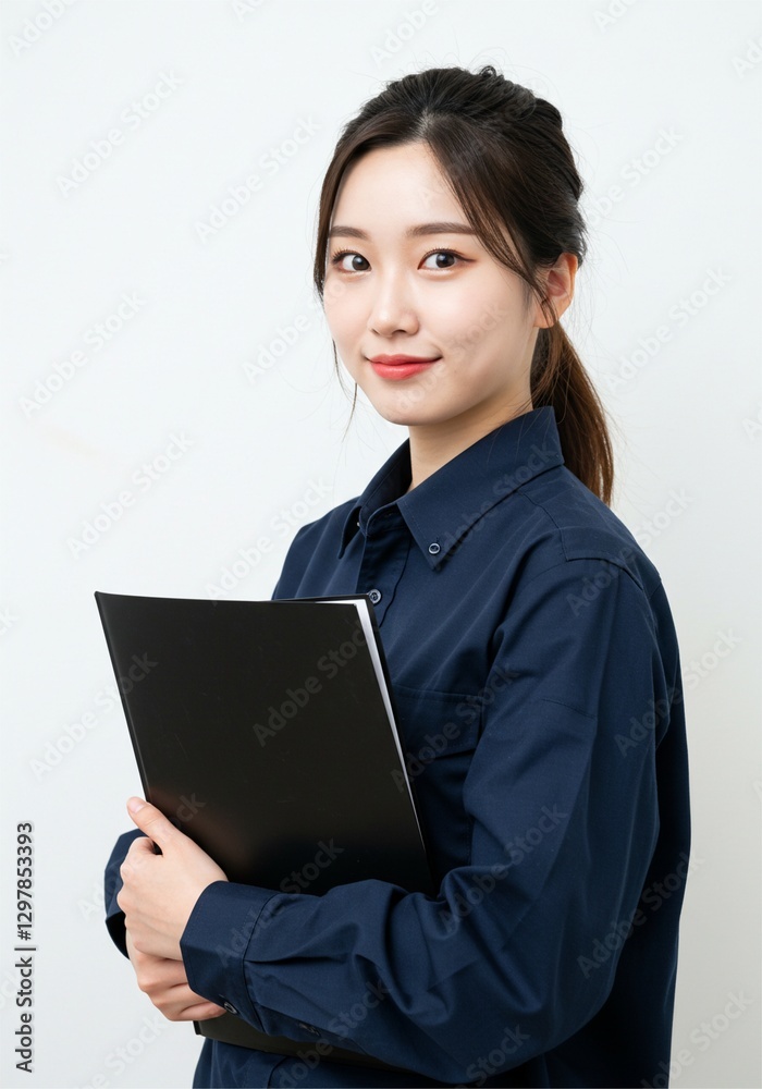 beautiful young woman standing upright confidently holding a black document folder with a smiling face on a white background beautiful young woman standing upright confidently holding a black document folder with a smiling face on a white background