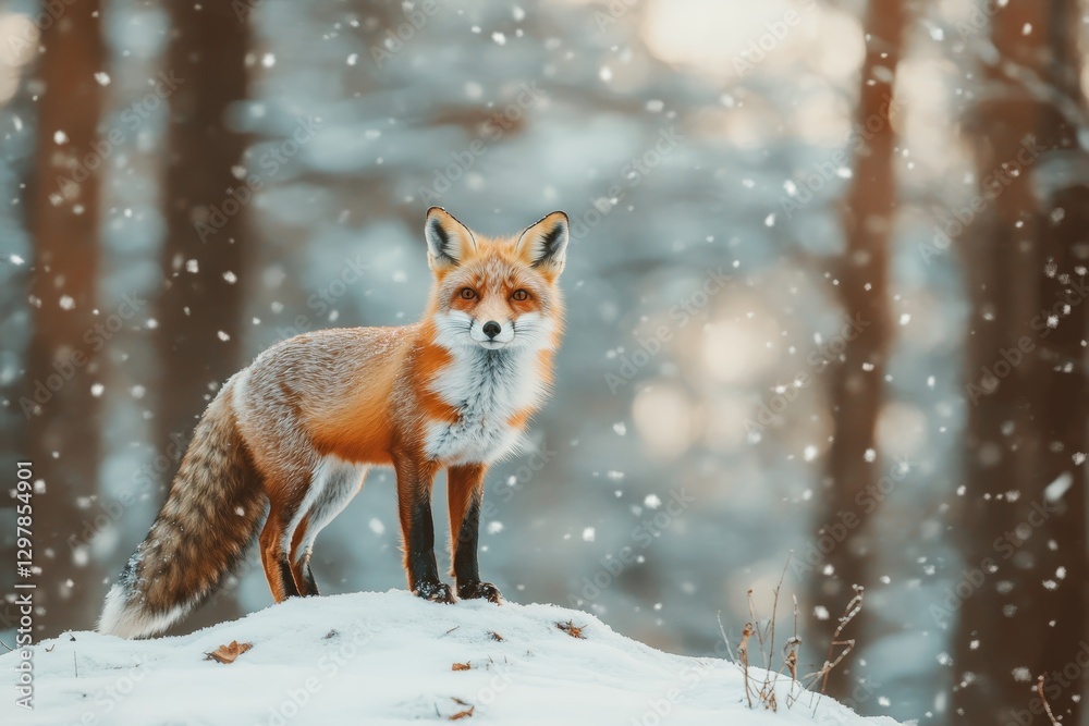 Beautiful Red Fox Standing on Snowy Ground in a Winter Forest Beautiful Red Fox Standing on Snowy Ground in a Winter Forest