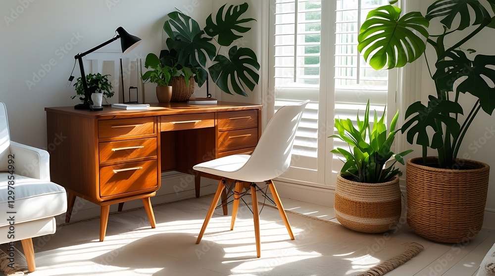 Fototapeta premium Bright and cozy home office with a wooden desk, white chair, large windows, and lush green plants, creating a modern and inspiring workspace with natural light and minimalistic decor