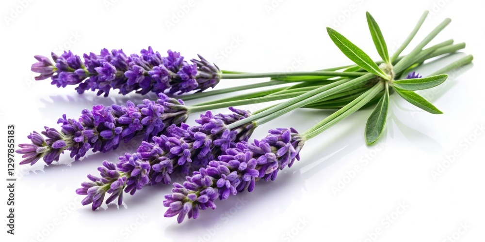 Fototapeta premium Studio-shot lavender bouquet, purple blossoms isolated against a crisp white backdrop; a botanical close-up.