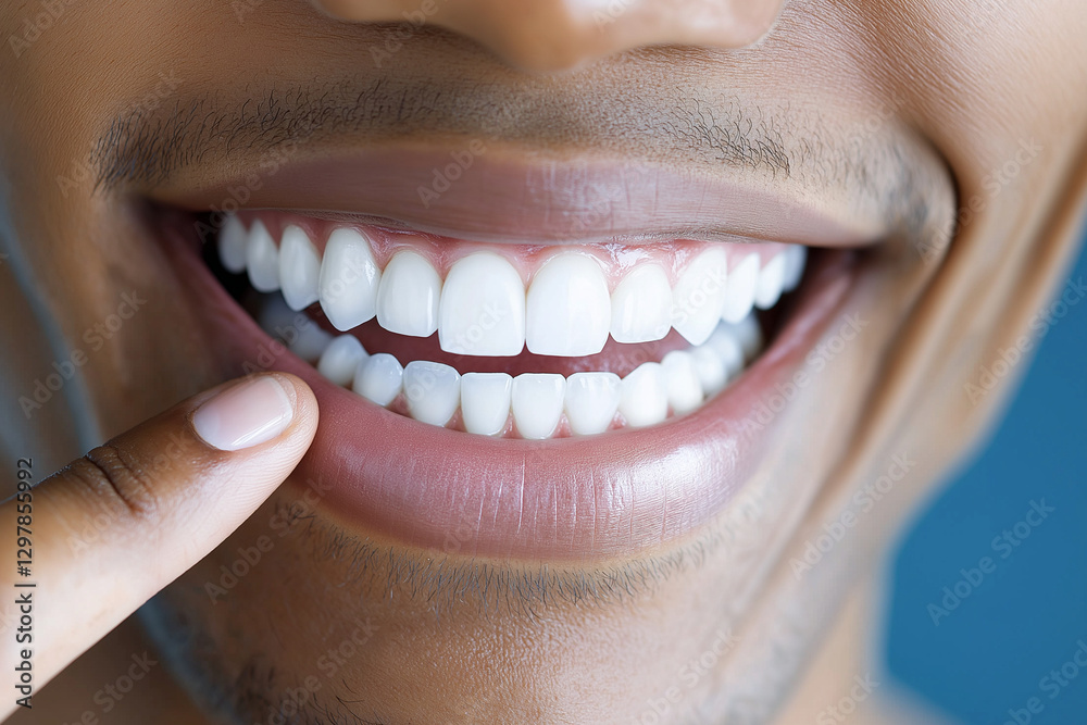 Fototapeta premium Close-up of a smiling man pointing at his perfect white teeth, close-up on a blue background, a stock photo for a dental clinic advertisement. This award-winning shot has a hyper-r