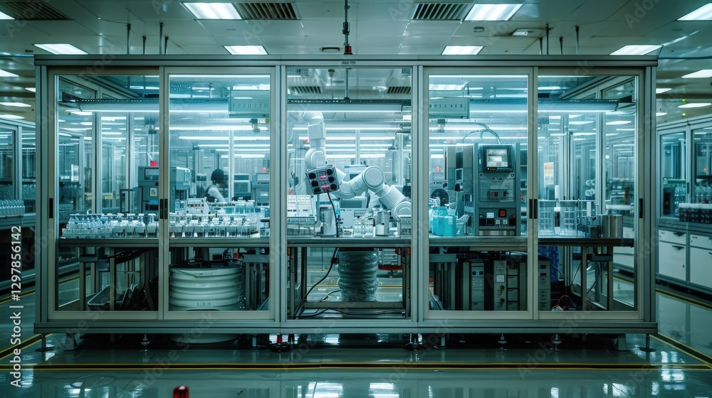 Modern automated factory production line with robotic arm, showcasing advanced manufacturing technology and precision in a clean, industrial setting. Modern automated factory production line with robotic arm, showcasing advanced manufacturing technology and precision in a clean, industrial setting.