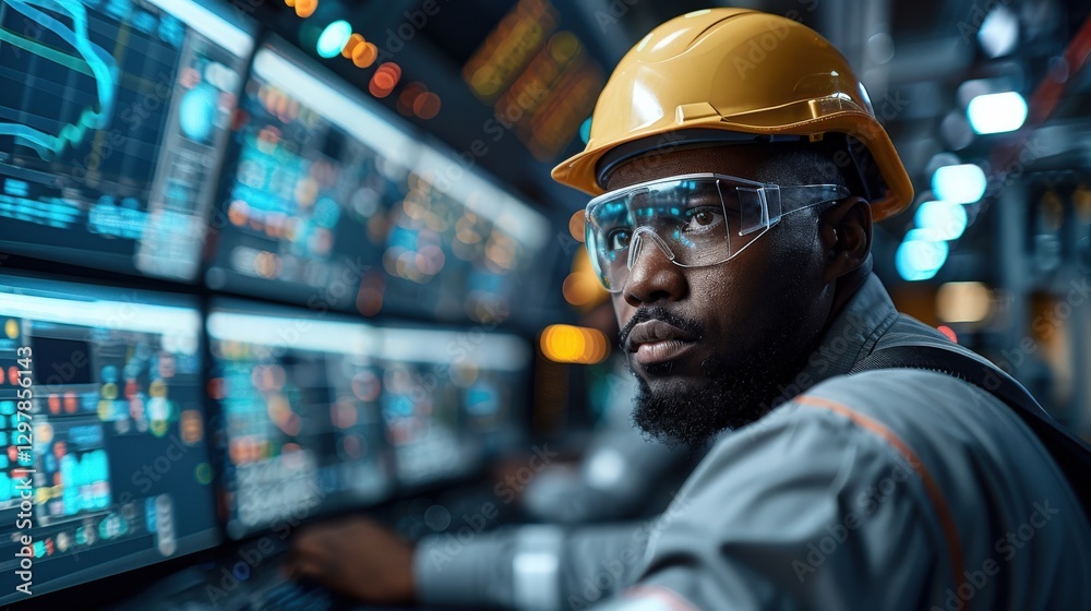Focused engineer monitoring industrial control system displays. Serious, determined expression. High-tech industry setting. Focused engineer monitoring industrial control system displays. Serious, determined expression. High-tech industry setting.