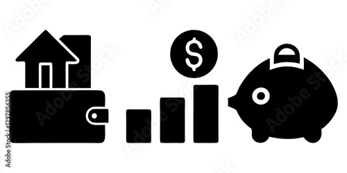 Finance icons. Business Icons, money signs. Money silhouette collection. Wallet with cards icon. Coins silhouette icon. Growth chart. Moneybag or stash. Piggy bank flat style vector illustration