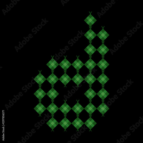 Lowercase alphabet 'd' ketupat. Ketupat is a typical Eid food made from rice wrapped in a woven coconut leaves. Ketupat comes from the island of Java and has been around since the 15th century.