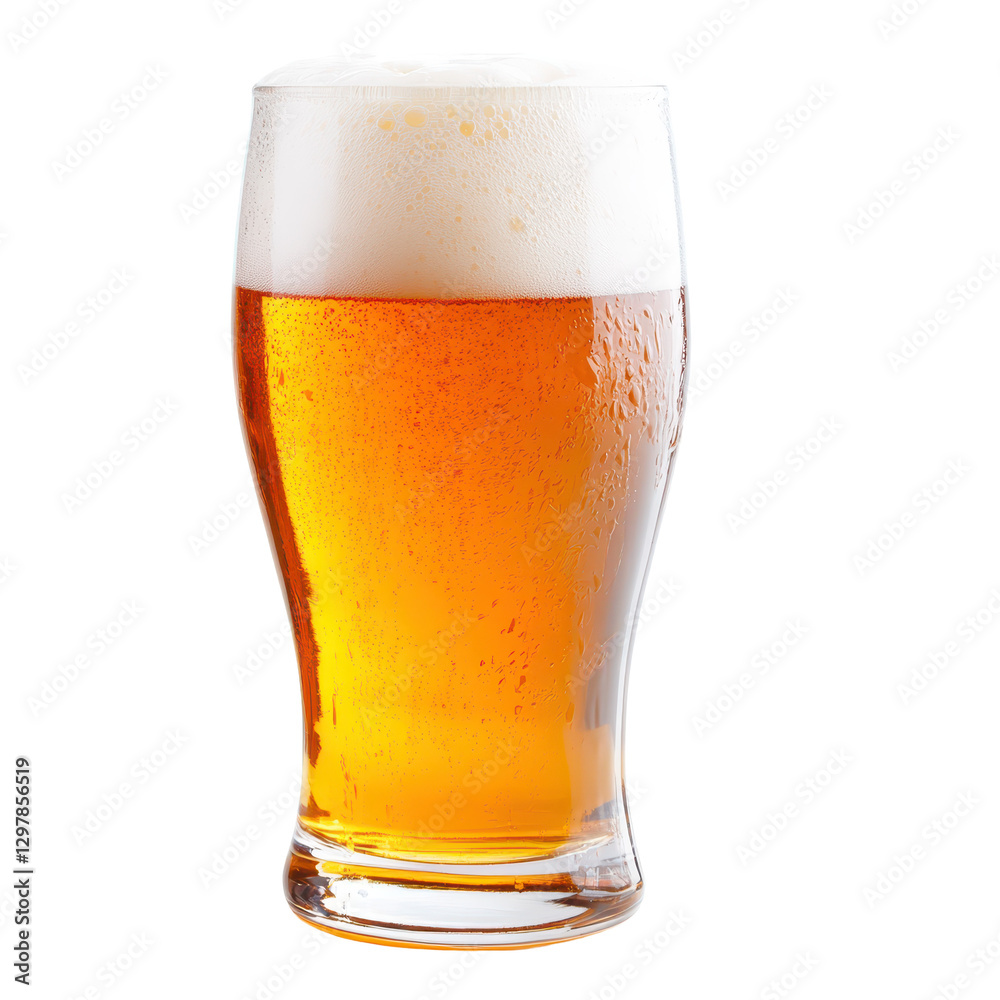 Frothy golden beer in glass, refreshing beverage with rich bubbles, perfect for gatherings, casual enjoyment, and celebrations. Isolated on white background or PNG Frothy golden beer in glass, refreshing beverage with rich bubbles, perfect for gatherings, casual enjoyment, and celebrations. Isolated on white background or PNG