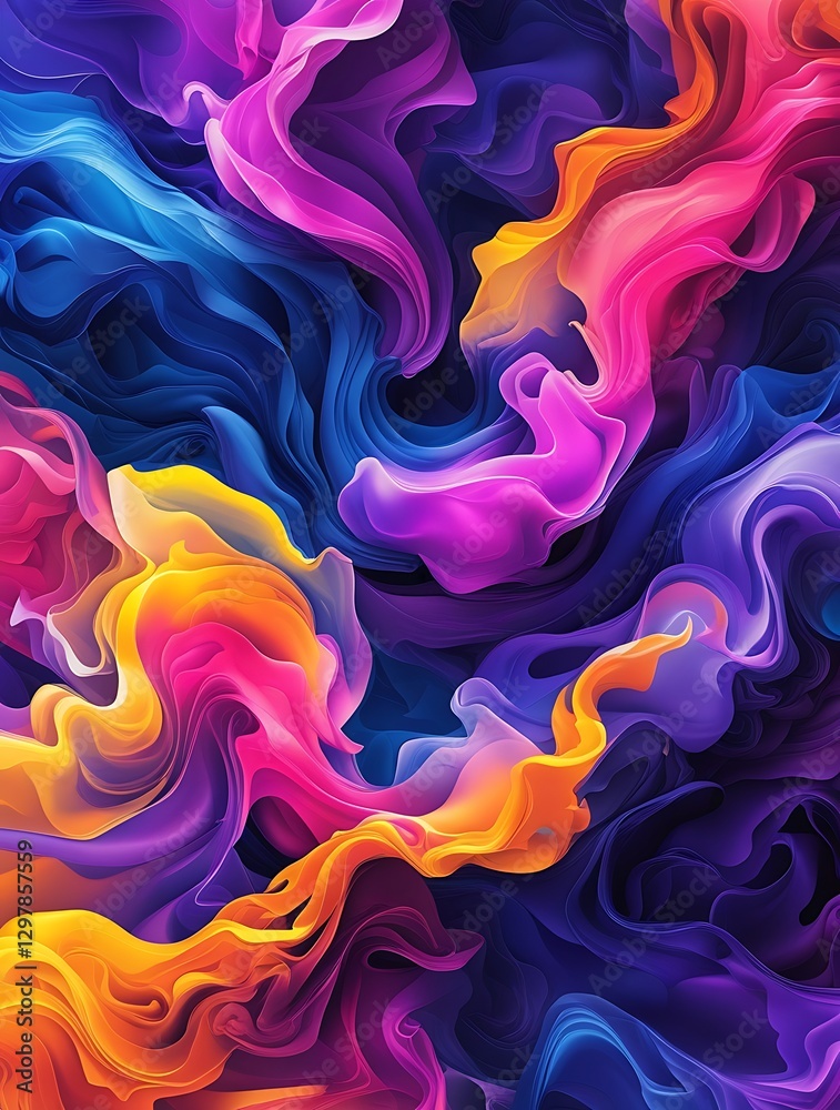 Fototapeta premium Vibrant abstract waves of colorful flowing fabric texture with dynamic movement, blending shades of blue, pink, orange, and purple, creating a mesmerizing and artistic digital background