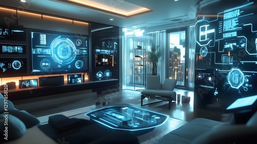 Wallpaper Mural Smart Home Interior: A modern living space is transformed with futuristic displays, creating a cutting-edge smart home environment, symbolizing the seamless integration of technology and comfort. Torontodigital.ca