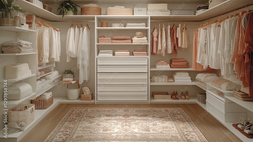 Organized walk-in closet with beige accents Organized walk-in closet with beige accents