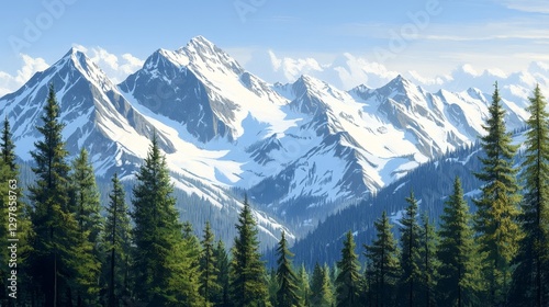 Snow-Capped Majesty Evergreen Forest Peak Panorama Alpine Scenery Wilderness Beauty Coniferous Trees Serene Mountain Range Vista