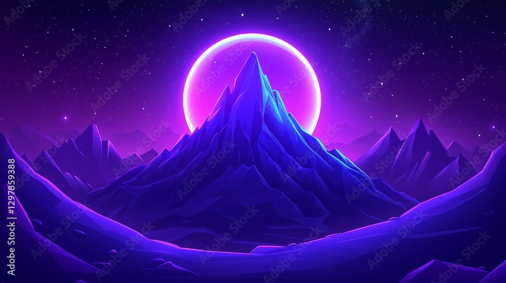 Fototapeta premium Vaporwave Pixelated Mountainscape Retro Future Scenery Pixel Art Landscape With Glowing Moon Purple Hues Synthwave Aesthetic Visuals