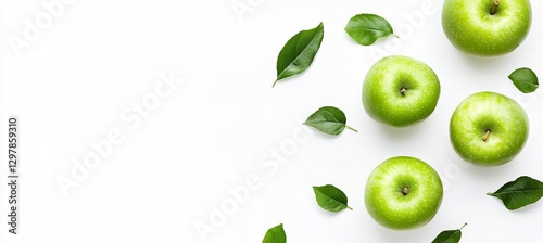 Wallpaper Mural Fresh Green Apples with Leaves White Background Healthy Food Photography Flatlay Image Natural Produce Vitamin Delicious Juicy Granny Smith Apples     Torontodigital.ca