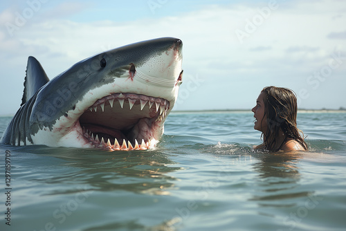 Great white shark lunges at a girl, creating a terrifying cinematic thriller scene