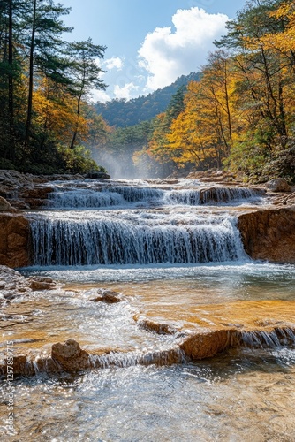Autumn Waterfall in Mountain Valley