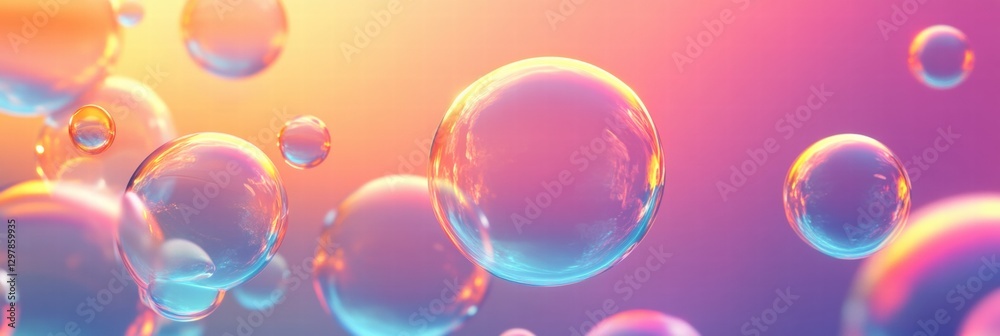 Naklejka premium Colorful soap bubbles floating in a vibrant background during golden hour light transformation. Generative AI