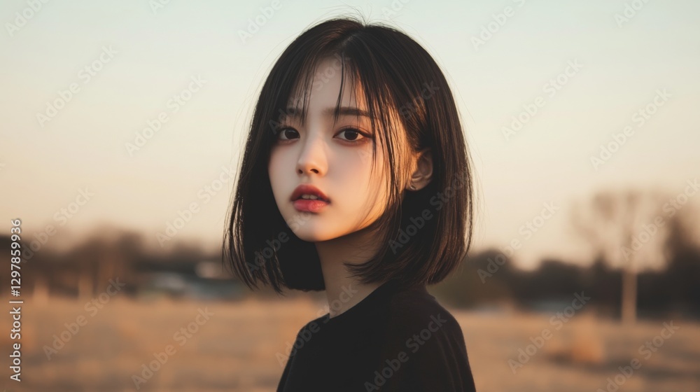 Fototapeta premium Portrait of Woman, Field, Golden Hour