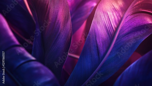 Vibrant purple and blue tropical leaves close-up.