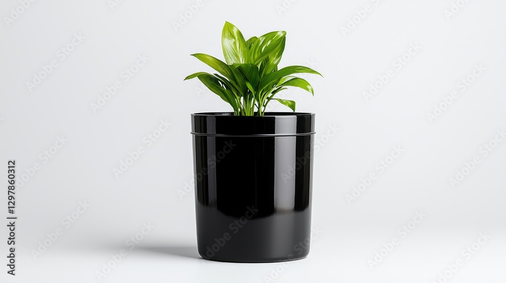 Fototapeta premium Small green plant growing in a glossy black pot against a clean white studio background.