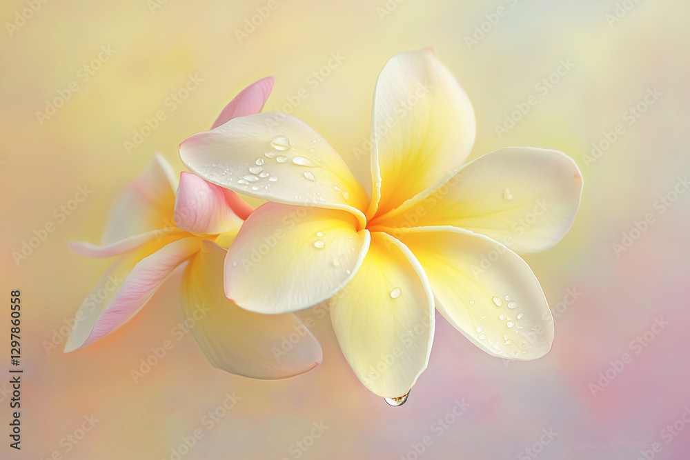 Fototapeta premium Close-up of a yellow frangipani with a water droplet, softly blurred pastel background creating a tranquil atmosphere