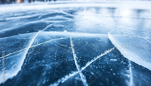 Cracked ice surface on a frozen lake in winter