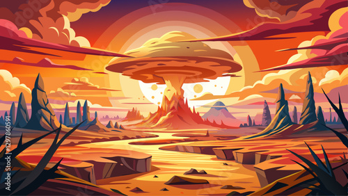 Desolate landscape atomic explosion sunset