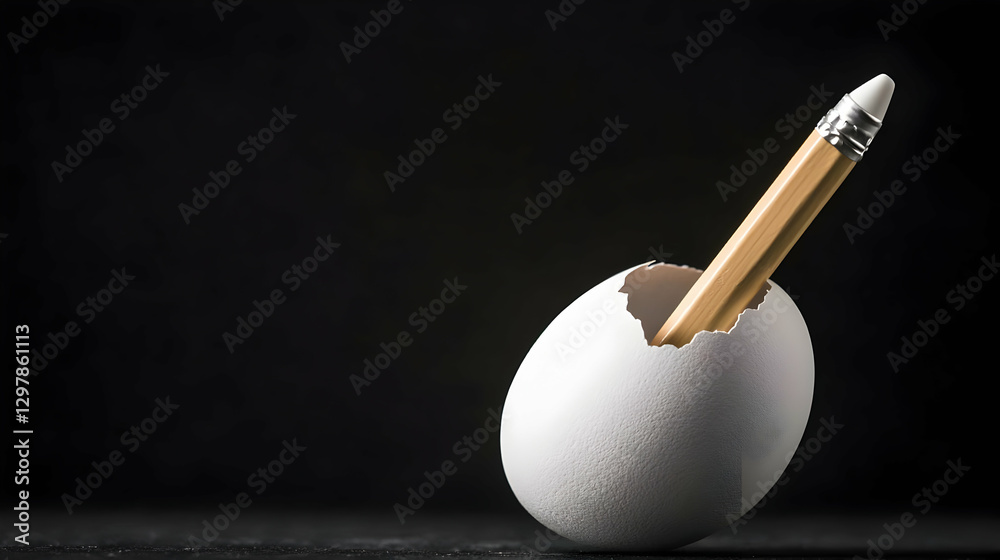 White Eggshell With Pencil Emerging on Black Background Representing Creativity and Innovation White Eggshell With Pencil Emerging on Black Background Representing Creativity and Innovation