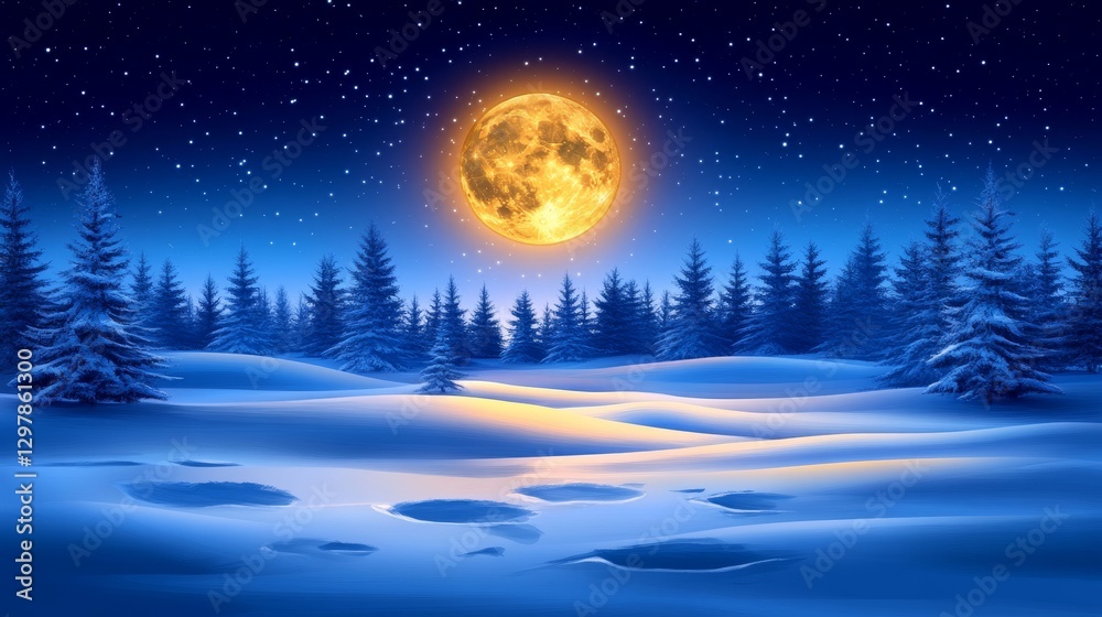 Fototapeta premium Enchanting winter night landscape under a luminous moon with snowy forest and sparkling stars in a serene blue environment