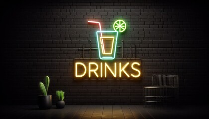 Sierkussen Bar Neon sign with glowing cocktail glass and Drinks text on black brick wall, modern bar interior with plants and metal chair  © Irene Kulinchyk