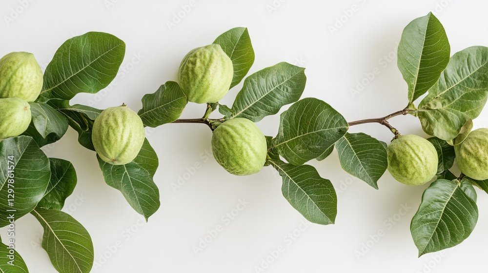 Fototapeta premium Vibrant Green Guava Branch with Lush Leaves Isolated on White Background Perfect for Healthy Food Design Tropical Fruit Branch Natural Guava Leaves