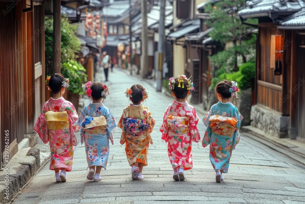 Fototapeta premium Children in traditional Japanese outfits look adorable and festive.