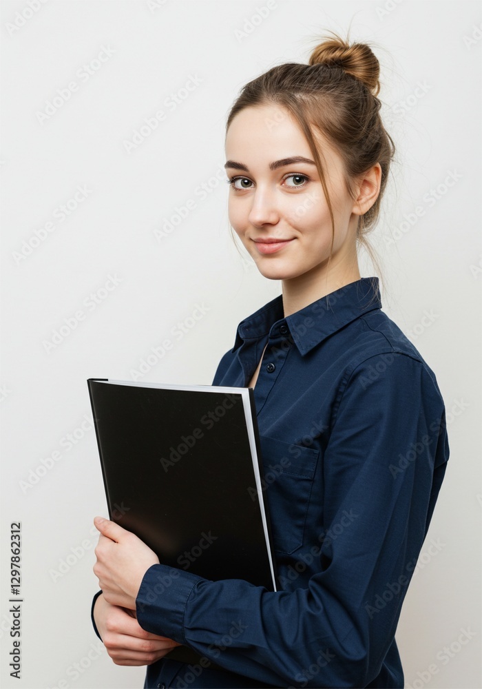 beautiful young woman standing upright confidently holding a black document folder with a smiling face on a white background beautiful young woman standing upright confidently holding a black document folder with a smiling face on a white background