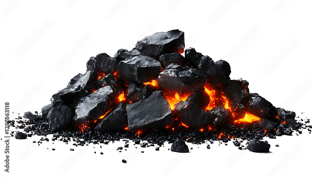 Charred coal pile with glowing embers isolated on white background. PNG Charred coal pile with glowing embers isolated on white background. PNG