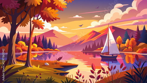 Majestic sunset over tranquil lake with a sailing boat surrounded by vibrant autumn foliage