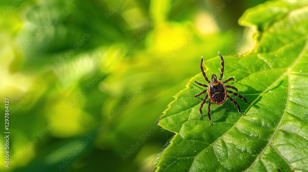 Close-up of a tick on a leaf in a green forest, representing the risk of tick-borne diseases and outdoor health hazards in nature.
