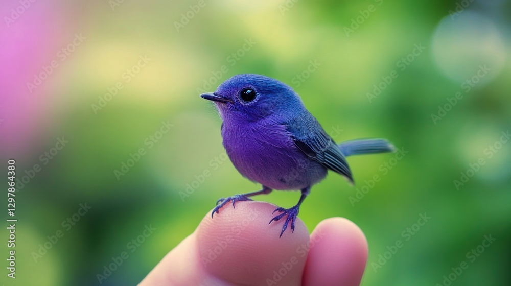 Fototapeta premium A tiny vibrant bird perched delicately on a human finger