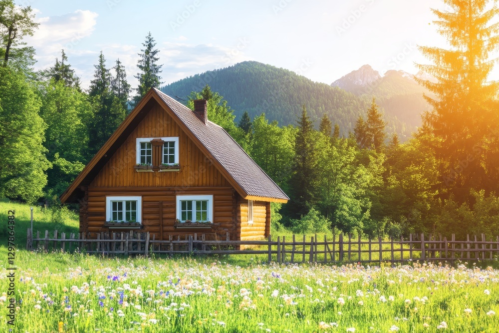 Obraz premium Cozy Wooden House Surrounded by Lush Greenery and Mountains