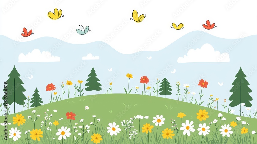 Delightful Pixel Art Meadow with Wildflowers Butterflies and Evergreen Trees under a serene blue sky filled with fluffy clouds Delightful Pixel Art Meadow with Wildflowers Butterflies and Evergreen Trees under a serene blue sky filled with fluffy clouds