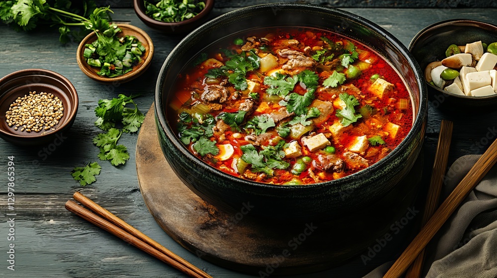 Spicy Mapo Tofu Soup with Beef and Fresh Cilantro Garnish A Delicious Asian Cuisine Recipe Spicy Mapo Tofu Soup with Beef and Fresh Cilantro Garnish A Delicious Asian Cuisine Recipe