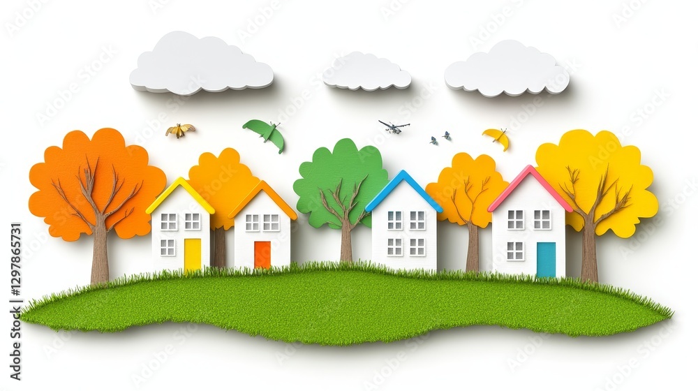Naklejka premium Whimsical Neighborhood Scene Playful Home Cluster Tiny Houses on a Green Patch with Clouds and Trees Colorful and Cheerful